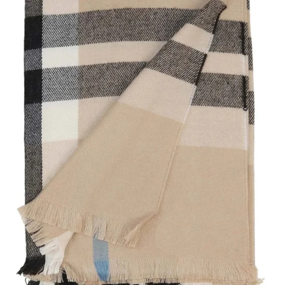 Fraas Plaid Tartan Cashmink Throw Blanket Beige Large Fringe Woven